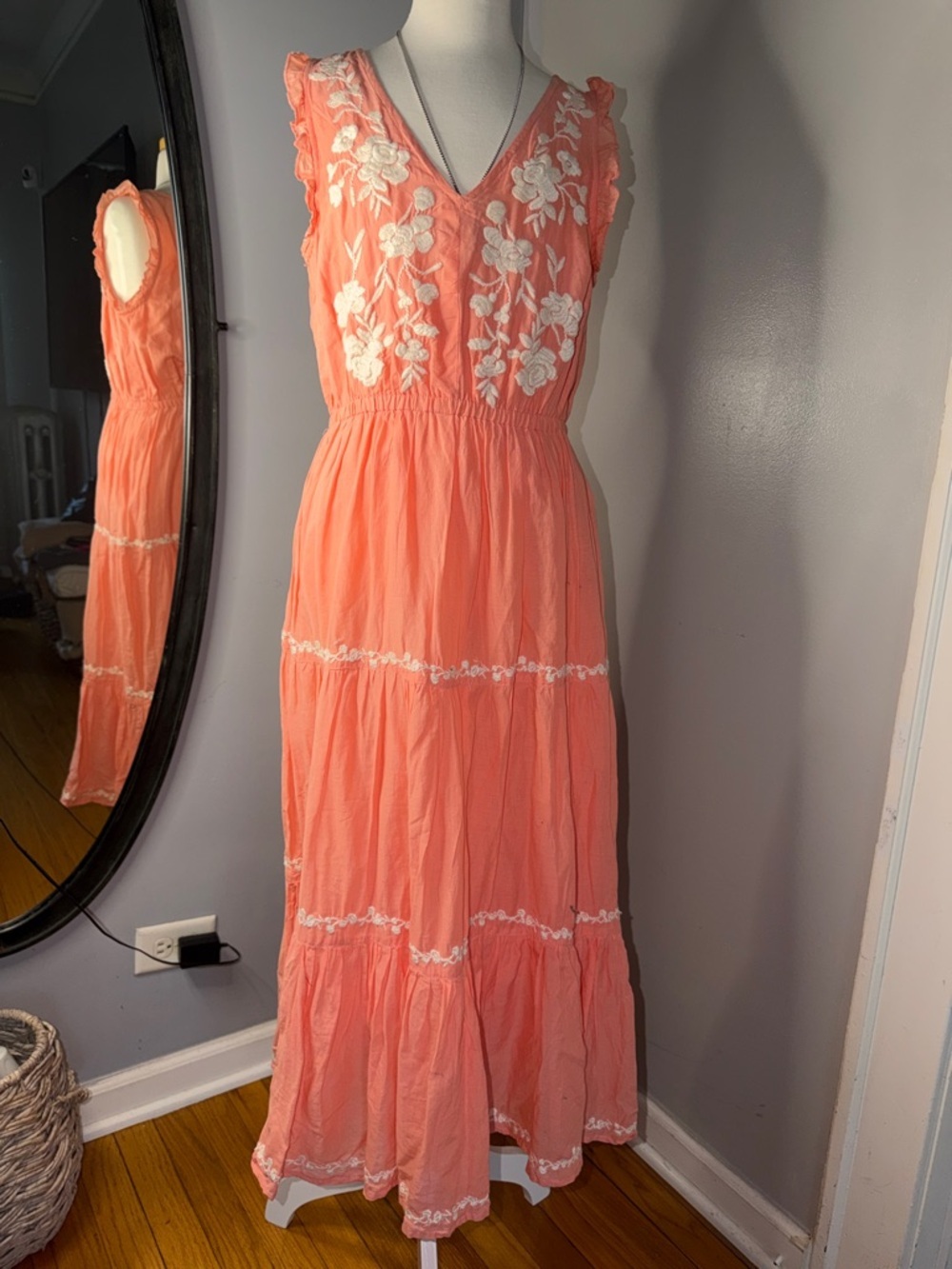 Lucky Brand 100% Cotton Coral Maxi Dress with White Floral Embroidery